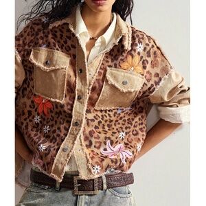 Mineral Wash Leopard Floral Print Frayed Button Down Cotton Jacket
